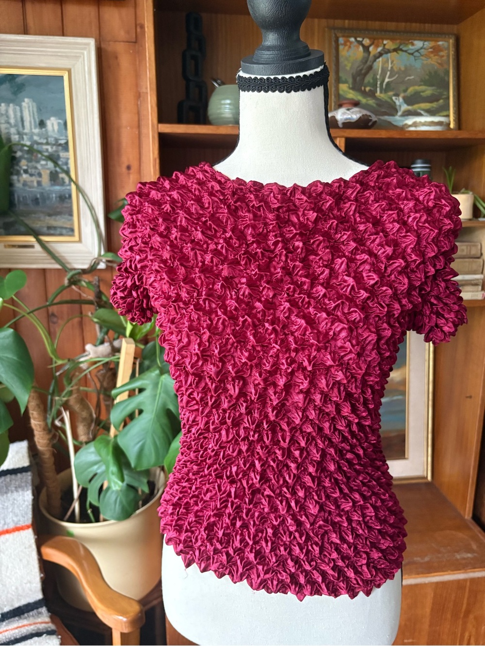 Y2K Burgundy Popcorn Retro Textured One Size Top